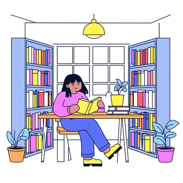 A thoughtful Chinese girl with long black hair is sitting at a wooden table in a library. She is wearing a cozy sweater and is focused on reading a book with a bright cover. Surrounding her are tall shelves filled with various books, some with colorful spines and others with classic covers. A warm light illuminates the space, creating a comfortable atmosphere. The walls of the library feature soft colors, and there are a few plants in pots near the windows.