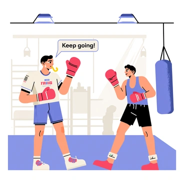 A trainer shouting encouraging words to a boxer training hard in the gym