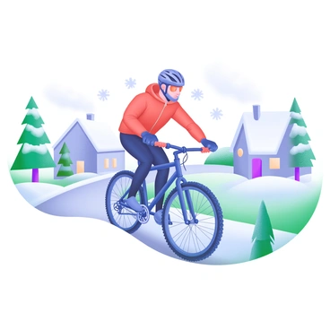 A cyclist is riding through snow-covered streets in winter. The cyclist is wearing a bright red jacket, a helmet, and warm gloves. Snowflakes are falling gently around them, creating a winter atmosphere. The background features snow-dusted trees along the road and a few quaint houses with smoke curling from their chimneys. The cyclist's bike has thick, knobby tires designed for winter conditions. The scene conveys a sense of determination as the cyclist navigates through the snowy landscape.