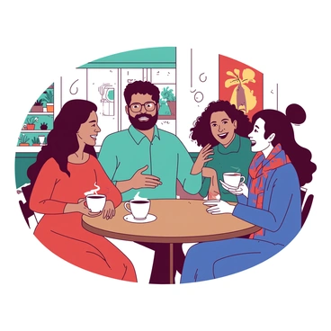 A vibrant café filled with people from different cultures enjoying coffee together. In the foreground, a group of four individuals sit at a round wooden table, each holding a unique coffee cup. To the left, a woman in a red dress with long black hair smiles while holding a cup of coffee topped with frothy milk. Beside her, a man wearing a teal shirt and glasses is engaged in conversation, gesturing with his hands. Across the table, a man in a blue jacket with a beard leans forward, listening intently while cradling a steaming mug. Next to him, a woman in a colorful patterned scarf is laughing, her cup raised as if to toast. The café is decorated with potted plants and art on the walls, creating an inviting atmosphere.