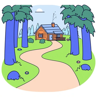 A forest path with soft earth and patches of green grass winding through tall, dense trees. The path is bordered by small bushes and colorful wildflowers. In the distance, a cozy cabin with a wooden exterior and a sloping roof is partially hidden among the trees. The cabin features a small front porch with a rustic wooden railing and a chimney with a gentle plume of smoke rising. Sunlight filters through the leaves, casting dappled shadows on the ground.