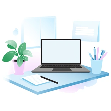 A well-organized home office desk featuring a sleek laptop with an open screen. Beside the laptop, there is a small potted plant with vibrant green leaves, adding a touch of nature to the workspace. The desk is neatly arranged with various office supplies, including a notepad, a pen, and a cup filled with writing utensils. Soft light is filtering in from a nearby window, creating a warm atmosphere in the room.