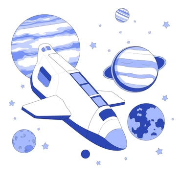 A space shuttle is traveling through the solar system, with its windows providing a view of the planets. The shuttle has a sleek design, with visible thrusters and a distinct cockpit area. Inside, there are seats arranged for passengers, each facing the windows. Through the large windows, various planets are visible, including a large, detailed view of a gas giant with swirling clouds and a vibrant ring system. Nearby, a smaller, rocky planet is depicted, showcasing its craters and surface features. Stars fill the background, adding depth to the scene of this cosmic journey.
