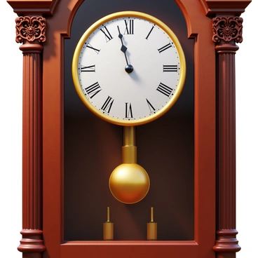 A close-up of a swinging pendulum in motion inside an antique grandfather clock. The pendulum is gold-plated, reflecting light as it moves back and forth. The clock's wooden casing is richly detailed with intricate carvings, showcasing a dark walnut finish. The glass front reveals the clock's face, adorned with Roman numerals and ornate clock hands. The surrounding gears and mechanism are visible, adding a sense of craftsmanship to the scene. Soft shadows play across the clock's surface, enhancing the visual depth.