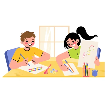 Two children sitting at a wooden table. One child, a boy with short brown hair, is drawing on a half-sized illustration board with a colorful set of crayons. The other child, a girl with long black hair in a ponytail, is focused on her board, using a set of vibrant markers. Both children have big smiles as they show each other their drawings. The table is covered with various art supplies, including a jar of pencils and some scattered stickers. Sunlight filters through a nearby window, illuminating their creative space.