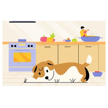 A cute pet, a small brown and white dog, is lounging comfortably on a tiled kitchen floor. The dog has floppy ears and a wagging tail, with its paws stretched out in front. In the background, a person is preparing food at a wooden kitchen countertop, chopping colorful vegetables on a cutting board. A pot of soup simmers on the stove, creating a light steam. Sunlight streams in through a window, casting soft shadows, while a bowl of dog food sits nearby.