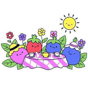 A whimsical scene featuring anthropomorphic berries enjoying a tea party in a lush garden. There are strawberries and blueberries with smiling faces, wearing tiny hats. Each berry is seated around a small round table covered with a vibrant checkered tablecloth. On the table are miniature tea cups and a teapot, all adorned with playful patterns. Surrounding the table are blooming flowers in bright colors, and green leaves offering a lively backdrop. The sun is shining down on the gathering, creating a cheerful atmosphere.