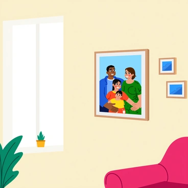 A family portrait hanging sideways on a living room wall