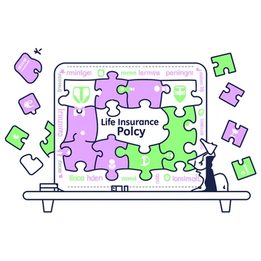 A large puzzle spread across a wooden table, featuring numerous interlocking pieces. Each piece is uniquely shaped and is covered with text and symbols related to a life insurance policy, including terms like "beneficiary," "premium," and "coverage." Several pieces are already connected, showcasing a partially completed section that reads "Life Insurance Policy" prominently in the center. Some adjacent pieces display images of a family and a shield symbol. The surrounding area has scattered individual pieces that are yet to be placed.