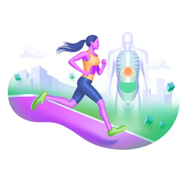 A modern pastel illustration depicting a marathon runner in motion. The runner is shown mid-stride, with their body angled forward to illustrate speed. Emphasize the diaphragm by including a transparent overlay of a human torso, highlighting the diaphragm muscle in a contrasting color. The runner wears a bright sports outfit, and their hair flows behind them as they run. The background features a blurred landscape of a running track, suggesting a dynamic, energetic environment.