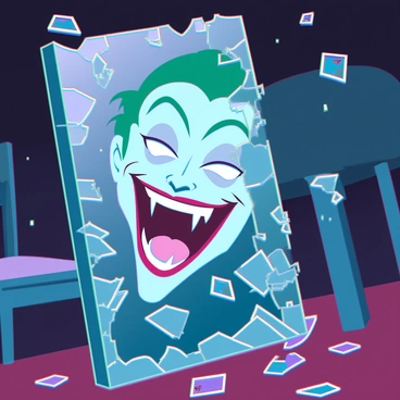 The Joker, with pale skin and green hair, is laughing maniacally into a cracked mirror. His exaggerated grin is wide, showcasing sharp teeth, and his eyes glint with madness. The mirror's surface is fragmented, reflecting distorted images of his face, enhancing his chaotic demeanor. The background features a dimly lit room filled with scattered playing cards and a worn-out chair, adding to the sense of disorder.