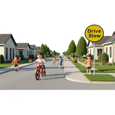 A sunny neighborhood scene featuring several children playing joyfully in the street. One child, a boy with short brown hair, is riding a red bicycle, while another child, a girl with pigtails, is skipping rope nearby. In the background, two other children are playing catch with a colorful ball. The houses lining the street are single-story with well-kept lawns, decorated with flower beds. Prominently displayed on the side of the road is a bright yellow "Drive Slow" sign, clearly visible to passing vehicles.