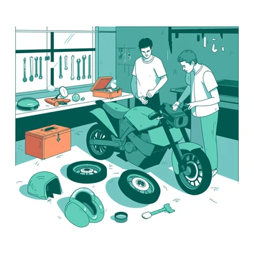 A teal motorcycle is partially disassembled, with its parts spread across a wooden workbench. Several friends are gathered around, one is holding a wrench while another is examining a tire with a magnifying glass. The garage is cluttered with various tools hanging on the walls, including wrenches, screwdrivers, and pliers. A bright orange toolbox is positioned in the corner, partially open with tools spilling out. Sunlight filters through a small window, casting shadows on the concrete floor where a couple of helmets are placed. The friends are wearing casual work clothes, showing focus and camaraderie as they collaborate on their motorcycle project.