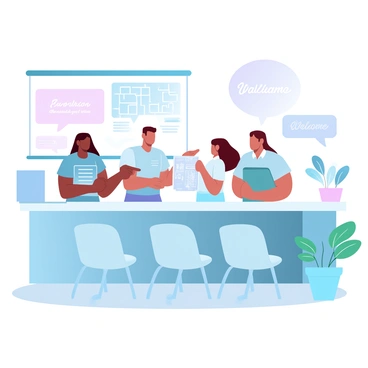 A group of volunteers is standing behind a desk at a hospital help center, ready to provide assistance to visitors. One volunteer is organizing brochures and informational pamphlets while another is pointing to a map of the hospital layout. A third volunteer is engaging with a family, showing them a schedule of available services. Bright, friendly signage is visible on the walls, displaying "Information Desk" and "Welcome." Nearby, there are chairs for visitors to sit, with a potted plant adding a touch of greenery to the scene.