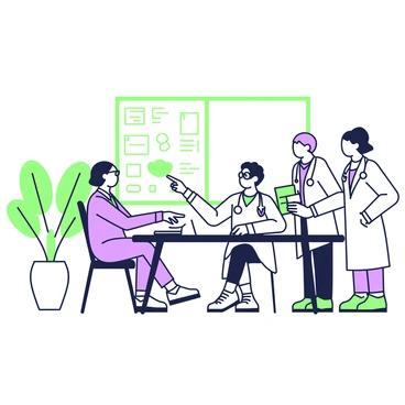 A group of four doctors is engaged in a discussion around a large rectangular table in a conference room. Two of the doctors are sitting while the other two are standing. One doctor with glasses is pointing at a document on the table, while another doctor with a stethoscope around their neck is taking notes on a notepad. A whiteboard is visible in the background, filled with diagrams and notes. The room has a large window, and a potted plant sits in the corner, adding greenery to the space.