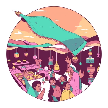 A teal magic carpet is soaring high above a vibrant, bustling marketplace filled with colorful stalls and lively vendors. Below the carpet, various exotic spices in bright containers are displayed alongside handcrafted trinkets, creating a vivid scene. Children with excited expressions are waving up towards the carpet, their faces filled with awe and joy. The sky above is a warm shade of orange, adding to the enchanting atmosphere of the moment.