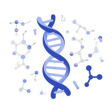 A DNA double helix is prominently displayed in the center of the image. The strands of the helix twist around each other, showing the characteristic ladder-like structure. Surrounding the DNA are various molecular structures, including nucleotides and protein molecules. The details of each nucleotide are clearly visible, showcasing the distinctive shapes and bonds. The overall composition emphasizes the complexity and intricacy of the molecular interactions surrounding the DNA.