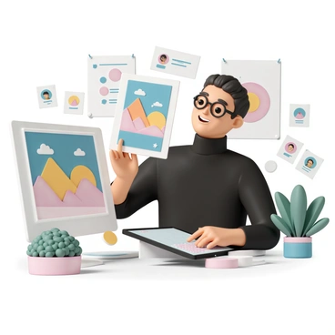 An artist, wearing a black turtleneck sweater and glasses, sits at a desk with a large tablet in front of them. They are smiling while holding up a colorful illustration, showcasing a vibrant landscape with a sunset and mountains. On the computer screen, various notifications and comments are visible, indicating engagement from followers. The background features posters of previous artworks and plants scattered around the workspace, creating a lively atmosphere. In the foreground, the artist's hand is reaching towards the screen, ready to share the illustration with their audience.