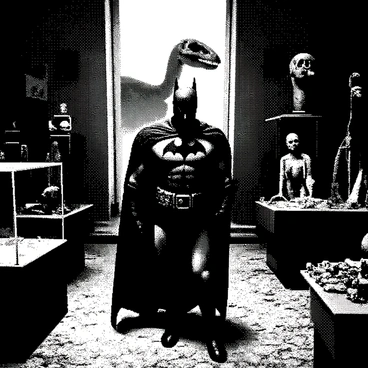 Batman, wearing his iconic suit, is standing in the center of a dimly lit museum. He is gazing intently at a scattered array of artifacts, carefully examining a broken display case. Shadows loom around him, creating a sense of intrigue and tension. The museum walls are adorned with ancient relics and eerie statues, their details highlighted by strategic lighting, enhancing the atmosphere of mystery. A soft light illuminates Batman's focused expression, while a faint silhouette of a large dinosaur skeleton looms in the background, adding to the ominous setting.