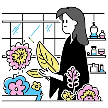 A tall man with long black hair, wearing a dark robe, is carefully tending to magical plants in a sunlit greenhouse. Sunlight filters through the glass panes, illuminating various exotic plants with vibrant colors. The professor is inspecting a large, leafy plant with intricate patterns on its leaves. Nearby, a cluster of glowing flowers emits a soft light, adding to the enchanting atmosphere. Shelves lined with jars of potions and herbs are visible in the background, creating a sense of a well-equipped magical workspace.