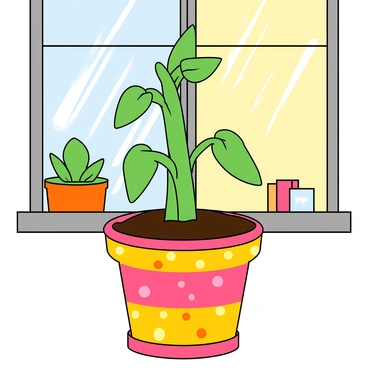 A small green bean plant with several vibrant leaves is growing tall in a colorful flower pot filled with dark soil. The pot features bright patterns, including dots and stripes in shades of yellow and pink. Sunlight streams through a clear window, casting warm light on the plant and creating soft shadows on the windowsill. The background reveals a few other colorful decorative items on the windowsill, adding to the cheerful atmosphere of the scene.