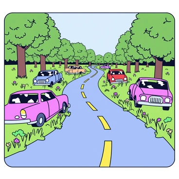 A forgotten road that curves gently through a landscape. The asphalt is cracked and covered in patches of greenery, with weeds and wildflowers sprawling across the surface. Alongside the road are several abandoned, rusty cars, each with peeling paint and faded colors. The vehicles are partially buried in grass and vines, giving a sense of neglect. In the background, dense trees frame the scene, with dappled sunlight filtering through the leaves.