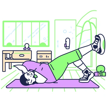 An old-school gym setting features a wooden floor with various vintage gym equipment in the background. In the center, a person is lying on their back on an exercise mat, performing the "dead bug" exercise. This individual has a focused expression, with their arms extended towards the ceiling and knees bent at a 90-degree angle. Their feet are lifted above the mat, and they are slowly lowering one arm and the opposite leg towards the floor while keeping the other arm and leg in position. Surrounding the gym are wooden benches, a set of dumbbells, and a mirror reflecting the scene. Bright light streams in through windows, illuminating the workout area.