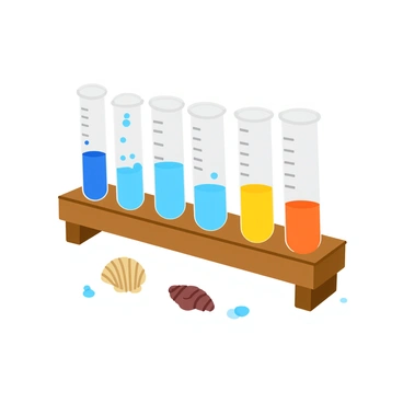Five clear test tubes arranged in a row, each containing ocean water samples. The samples vary in color, showcasing pH changes ranging from light blue for alkaline to bright yellow for acidic. Each test tube has a labeled scale on the side indicating the pH level. Small bubbles rise in some tubes, and the test tubes are placed on a wooden laboratory table with a few scattered sea shells nearby.