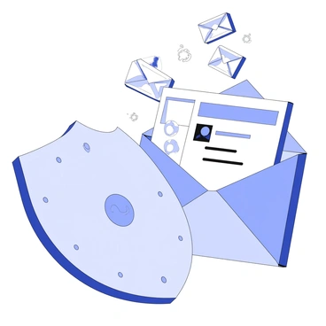 A giant shield stands prominently in front of an inbox, its surface reflecting the impact of several incoming projectiles. The shield has intricate patterns engraved upon it, showcasing its strength and durability. The inbox is depicted as a digital interface, with various email icons hovering above it, representing a barrage of fake emails. These emails are designed with misleading subject lines and chaotic layouts, adding to the sense of urgency. The scene captures the moment of defense, with the shield positioned firmly as it blocks the onslaught of deceptive messages.