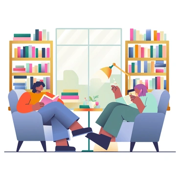 A cozy bookstore features warm wooden shelves filled with various books in an array of colors. In one corner, there is a reading nook with soft, overstuffed armchairs in muted tones. A small round table is placed between the chairs, holding a steaming cup of tea in a delicate white ceramic mug and a small potted plant. One person sitting in a chair has curly hair and is deeply immersed in a novel, while another person with straight hair is reading a book on the other chair. The ambient lighting is soft, coming from a nearby floor lamp with a yellow shade, creating an inviting atmosphere. A large window shows gentle sunlight streaming in, illuminating the pages of the books.