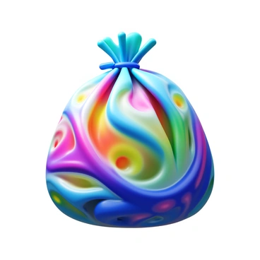 A close-up of a plastic bag with intricate designs and patterns in bright colors. The bag displays fluid shapes and artistic textures, giving it a dynamic appearance. Light reflects off the surface of the bag, highlighting its glossy finish and vibrant hues. Folds and creases in the plastic create depth, drawing attention to the unique artistry of the transformed material.