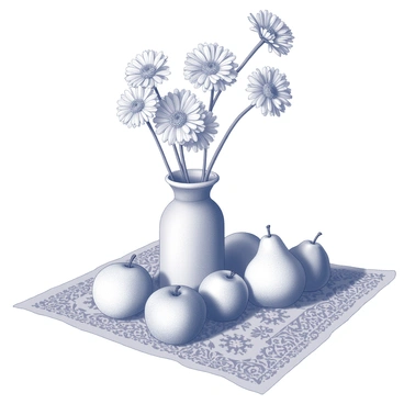 A still life composition featuring "calendula flowers" in a vase. The vase is placed on a "vintage tablecloth" that has intricate patterns and textures. Scattered around the vase are various "fruits," including apples and pears, arranged in a natural and organic manner. The overall arrangement is thoughtfully composed to create an inviting scene full of detail and interest.