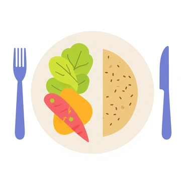 A balanced meal plate with a round white base. The plate is divided into four sections, each representing different food groups. One section features green leafy vegetables such as spinach and kale, another contains a portion of vibrant orange carrots. A third section is filled with whole grains, depicted as brown rice or quinoa, and the final section includes protein sources like grilled chicken or fish. The plate is garnished with small herbs, and a fork and knife are positioned next to it.