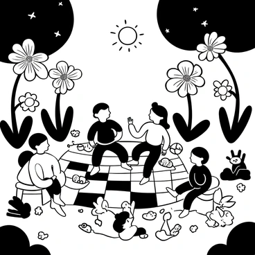 A group of children sitting on a large checkered blanket in the center of an enchanted garden. The garden is filled with oversized flowers towering above them, with intricate patterns on the petals. There are several tables set with delicate tea cups and plates of pastries. Around the children, various animals such as a rabbit, a squirrel, and a fox are gathered, interacting with the children. The rabbit is standing on its hind legs, appearing to gesticulate as it talks. The sun is shining through the leaves of large trees, creating dappled shadows on the ground.