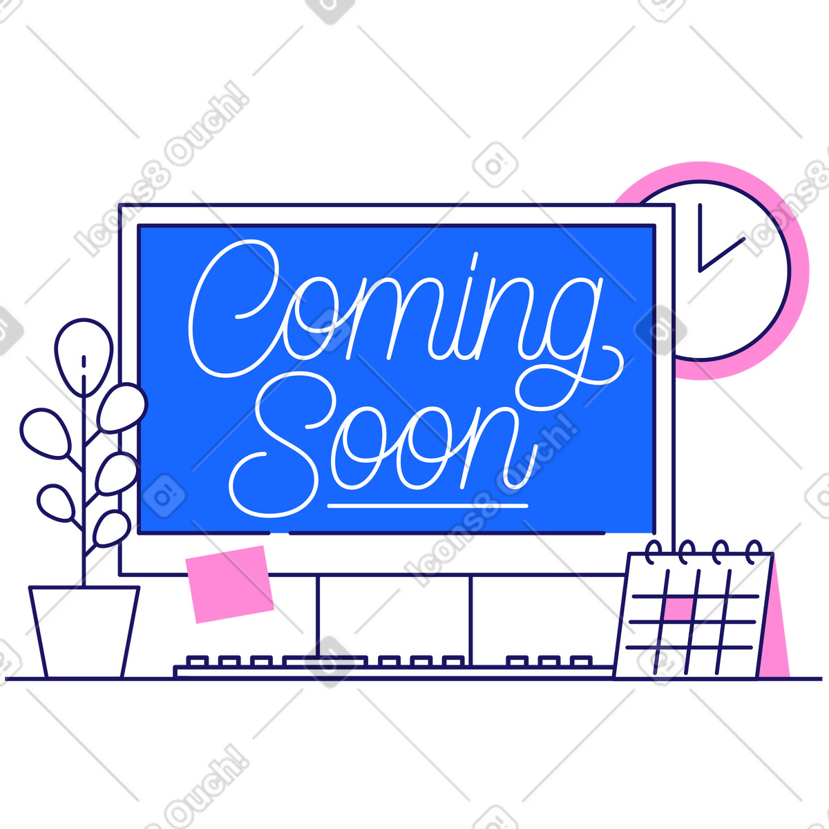Coming Soon text in screen with a calendar and clock lettering illustration Matey style download PNG, SVG