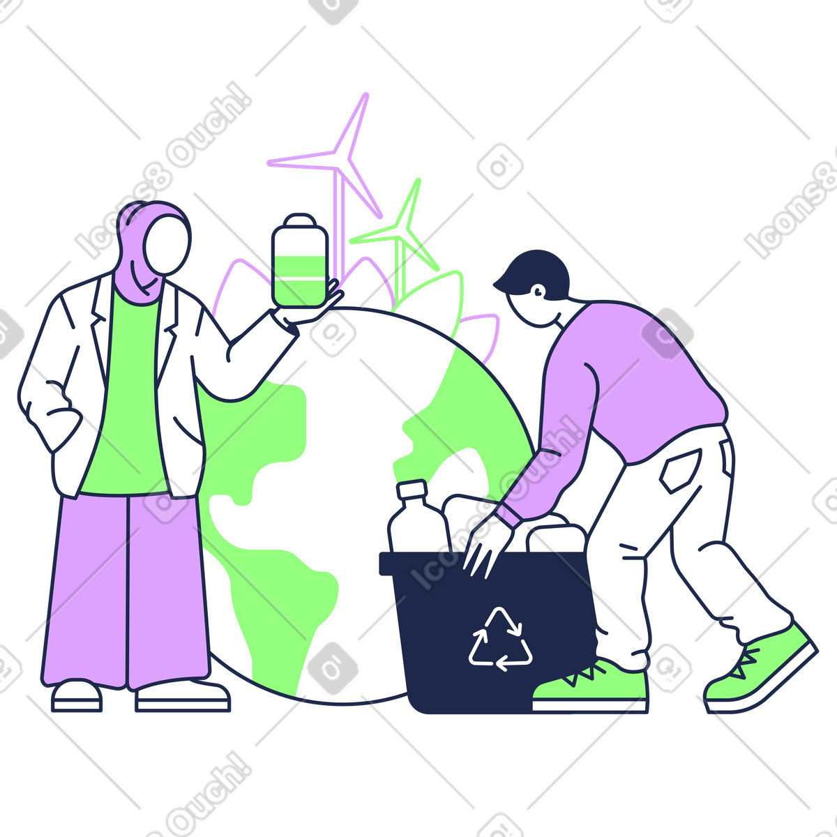 Illustration Global sustainability with recycling and renewable power, Eco-friendly practices clean energy dans le style Outline à télécharger aux formats PNG, SVG