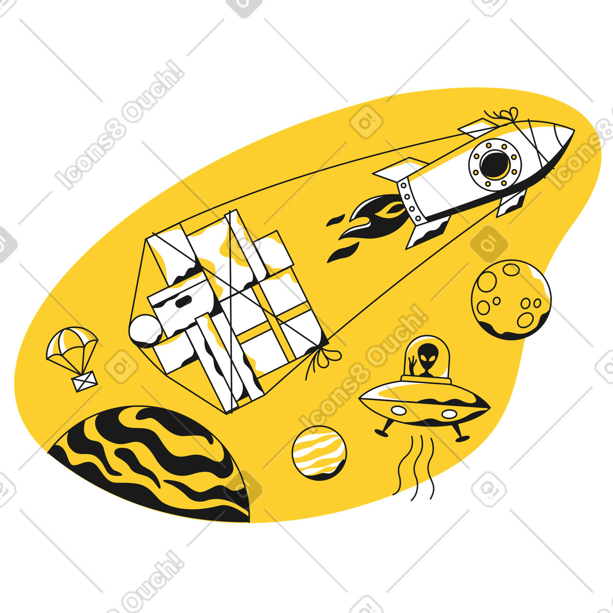 Rakete liefert pakete an außerirdische im weltraum animierte Illustration Taxi-Stil als Download in GIF, Lottie (JSON), AE