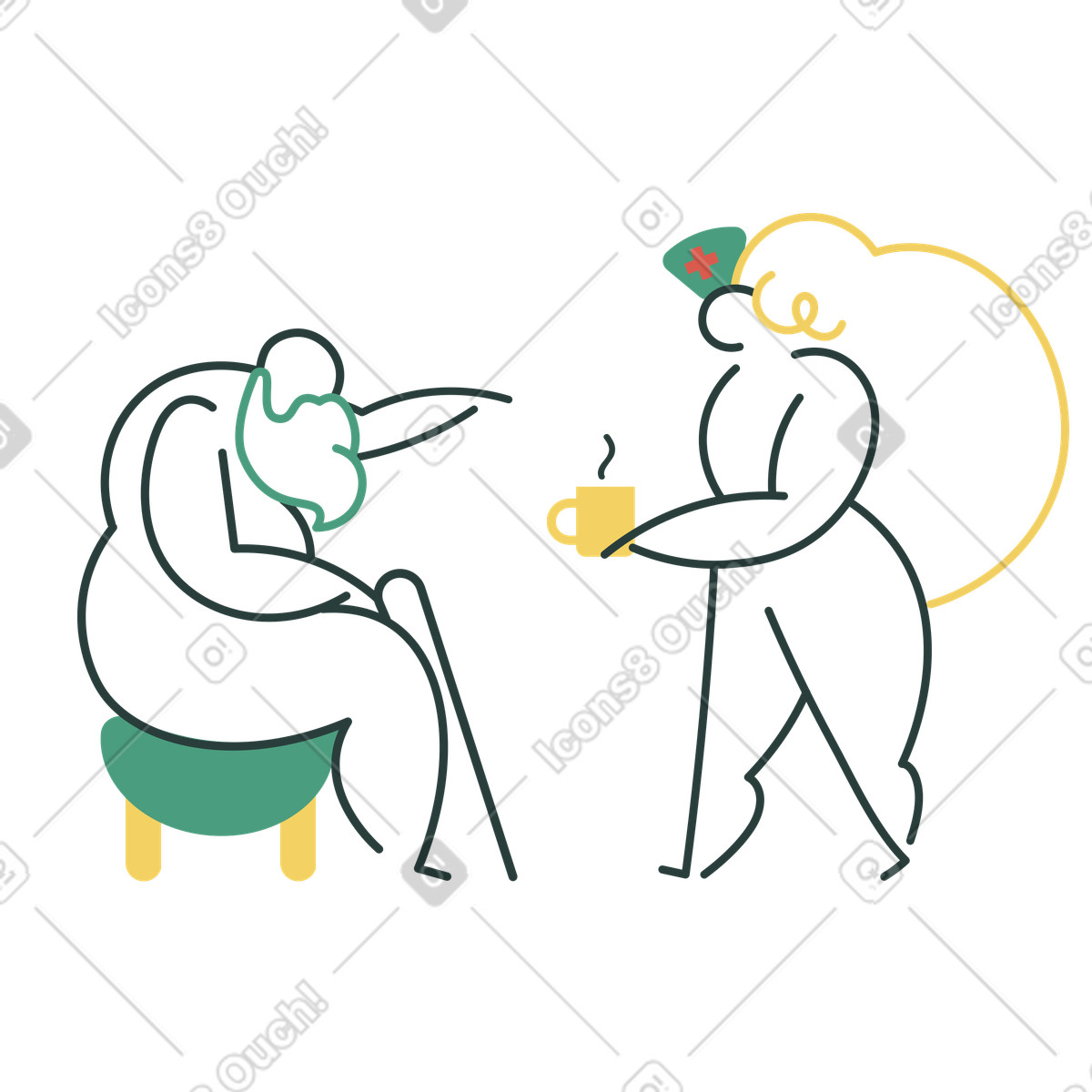 Macaroni スタイルの 高齢者介護、老人にお茶を運ぶ看護師 のイラストをPNG、SVG形式でダウンロード