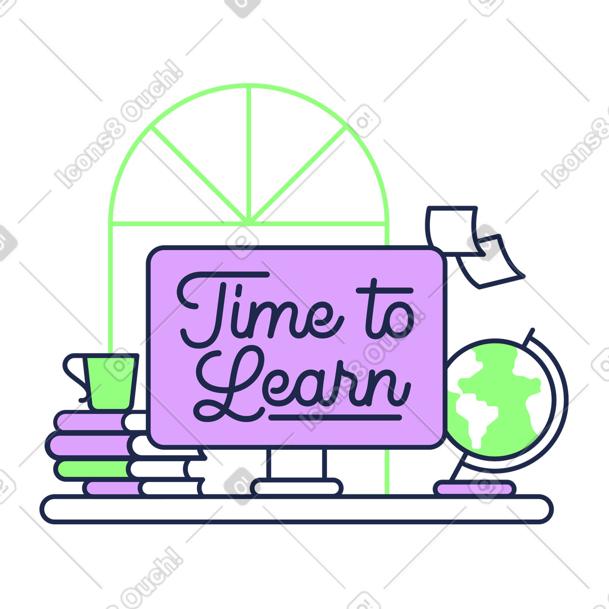 Modern desktop with study materials and Time to Learn text, Remote learning environment illustration in Outline style download in PNG, SVG