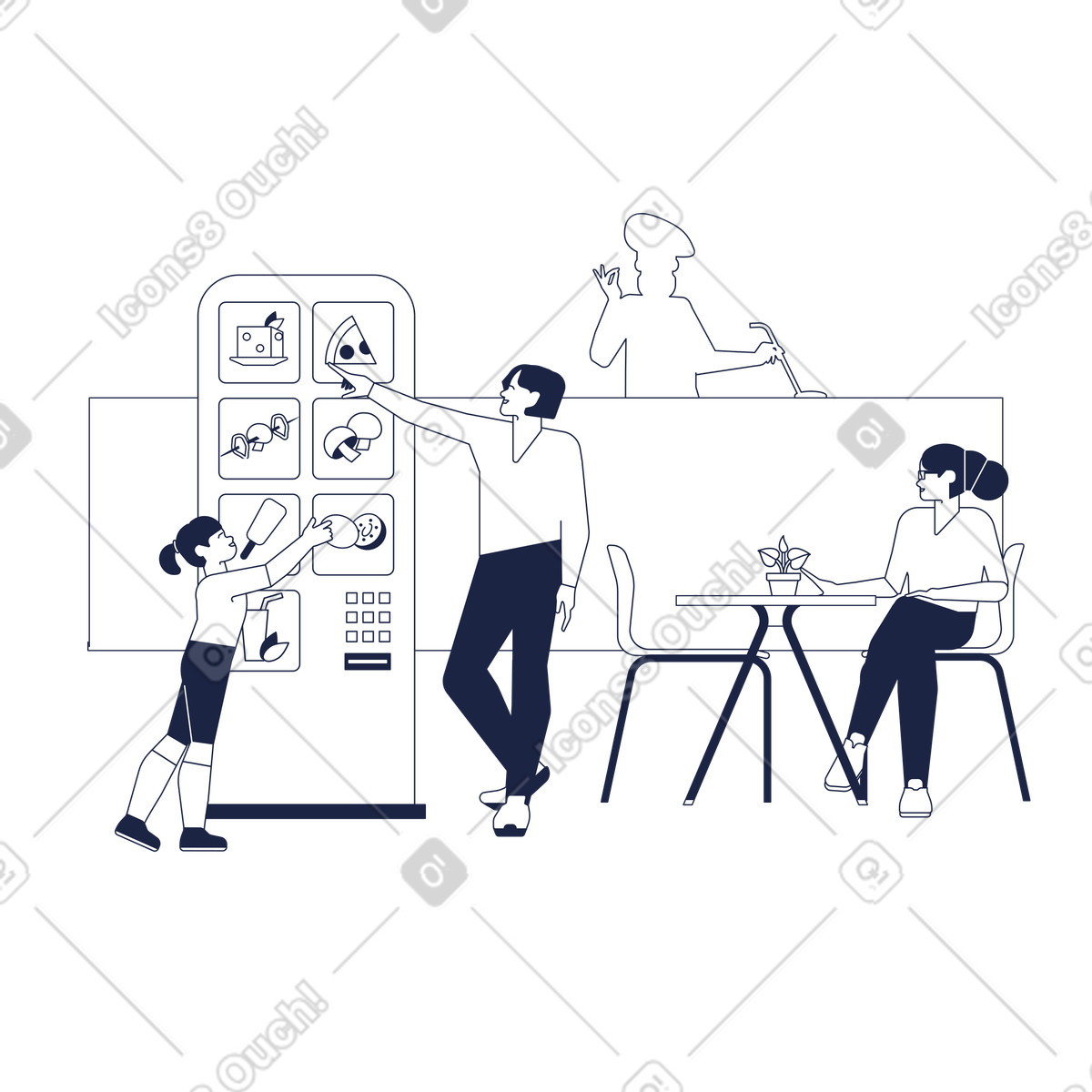 Self-service in caffè vegano illustrazione stile Urban Line scarica PNG, SVG