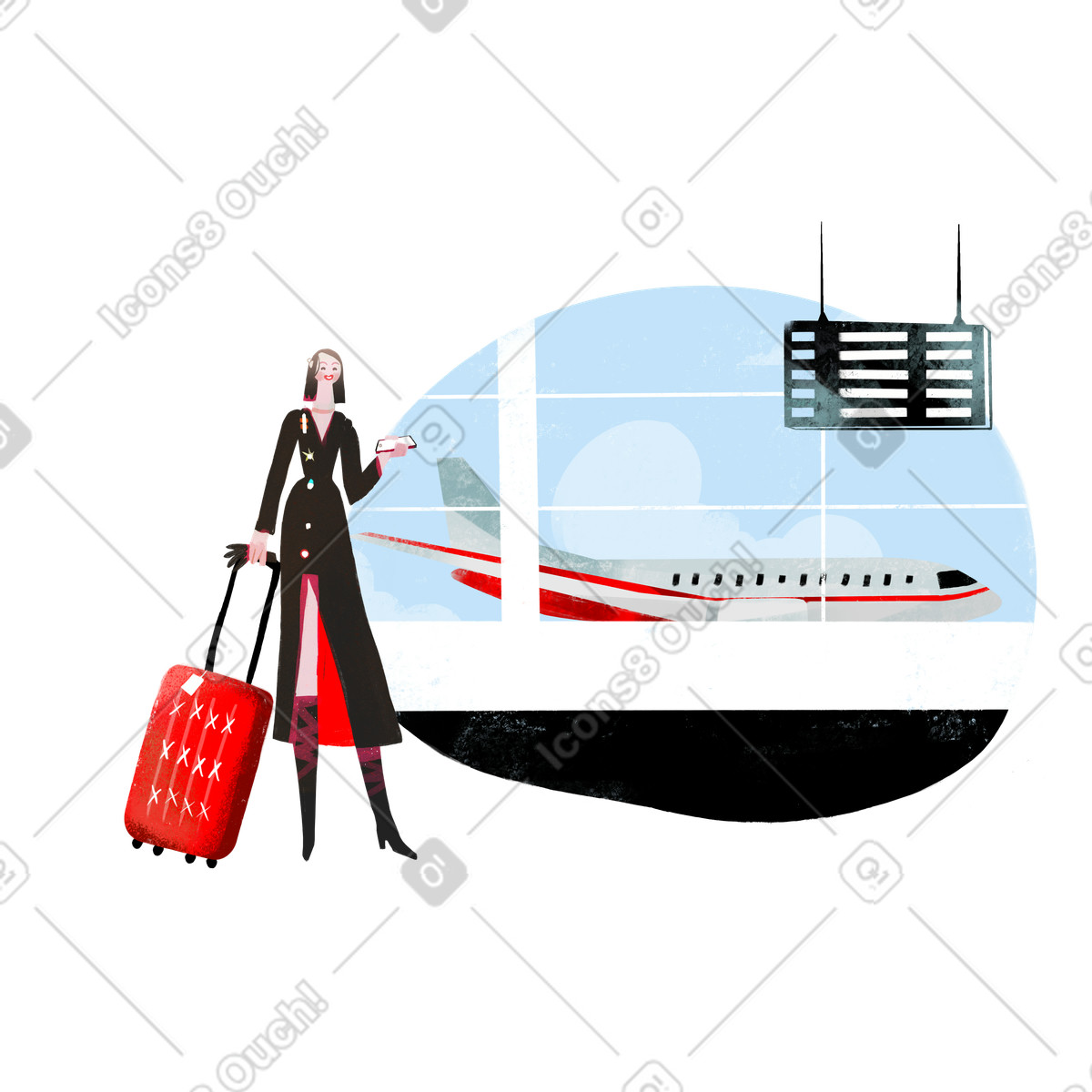 Frau mit koffer wartet am flughafen auf den flug-Illustration im Fabulous-Stil als Download in PNG, SVG