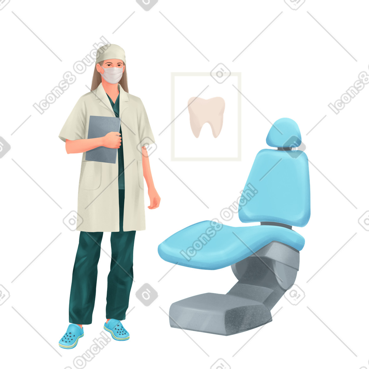 Illustration Jeune thérapeute dentaire au cabinet du dentiste dans le style Demure à télécharger aux formats PNG, SVG