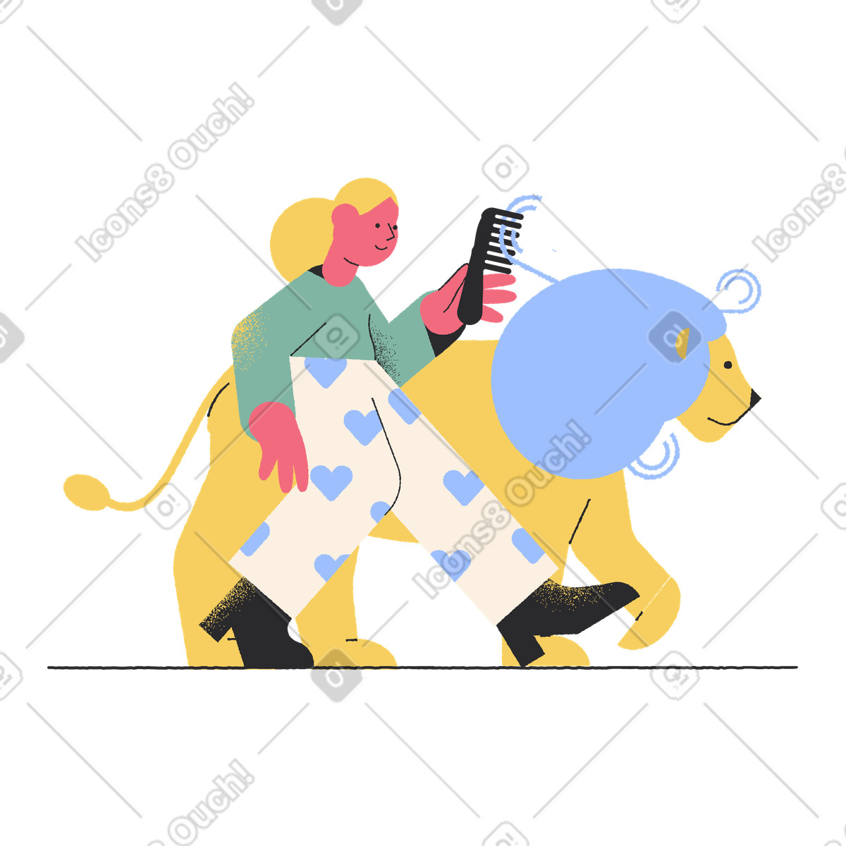Lion being brushed by caretaker, zoo care illustration in Pablo style download in PNG, SVG