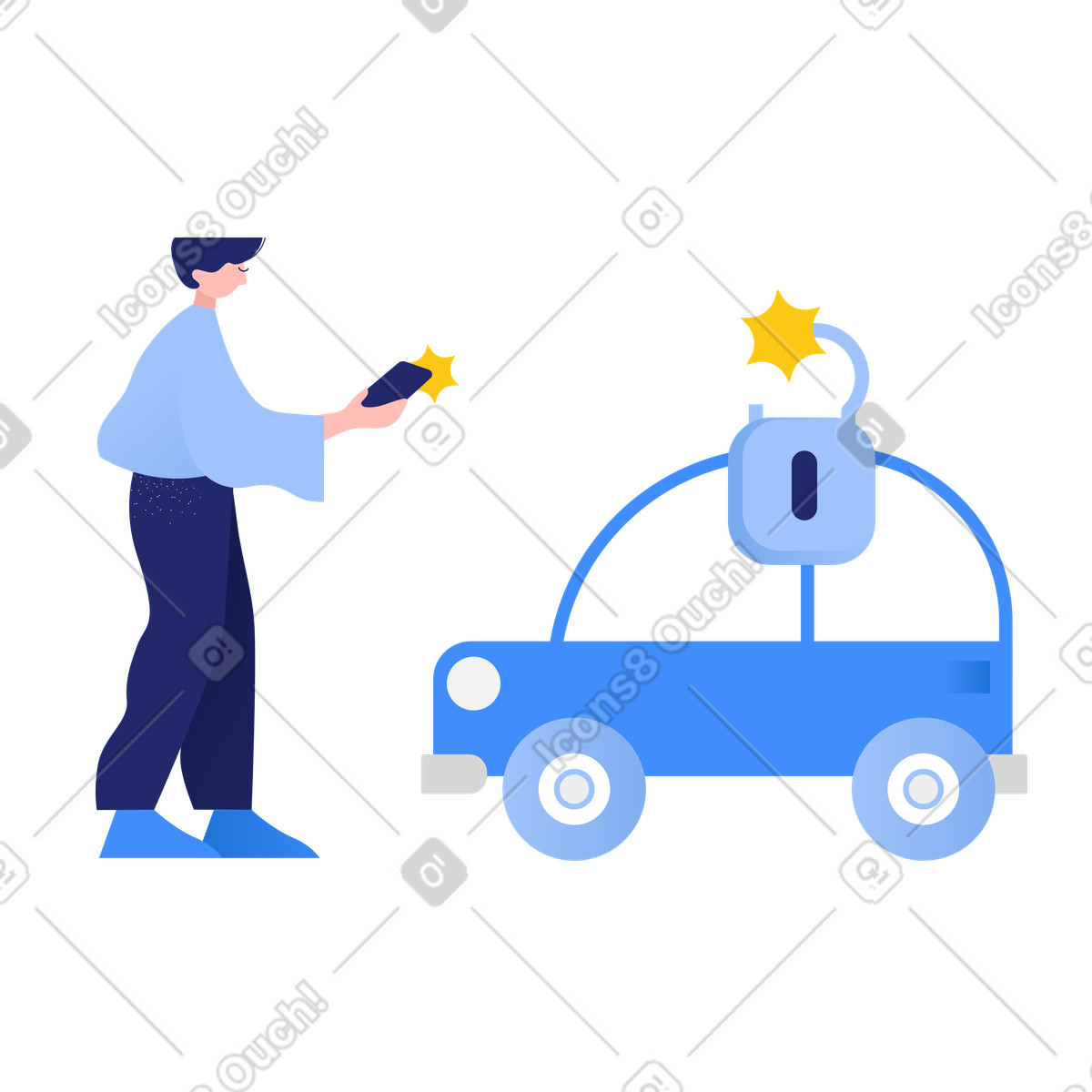 Uomo che sblocca la sua auto con un telecomando illustrazione in stile Clip scarica in PNG, SVG