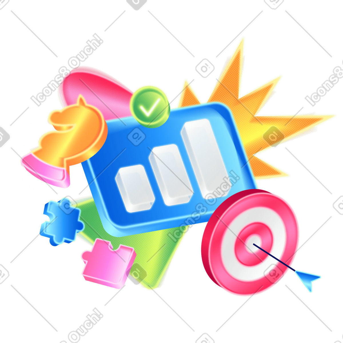 Bar graph with chess knight and target, Business analytics and strategy planning illustration in PNG, SVG