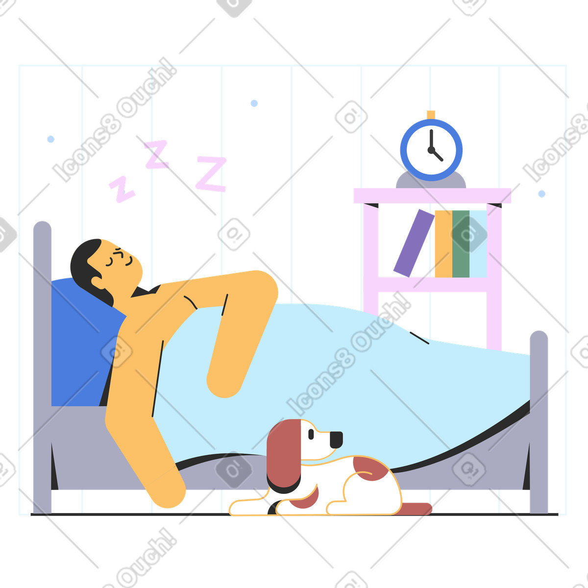 Sleeping in bed with dog nearby, Peaceful rest and relaxation animated illustration Marginalia style download GIF, Lottie (JSON), AE