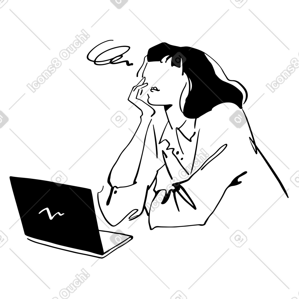 Brooding young woman with a laptop illustration in Line style download in PNG, SVG