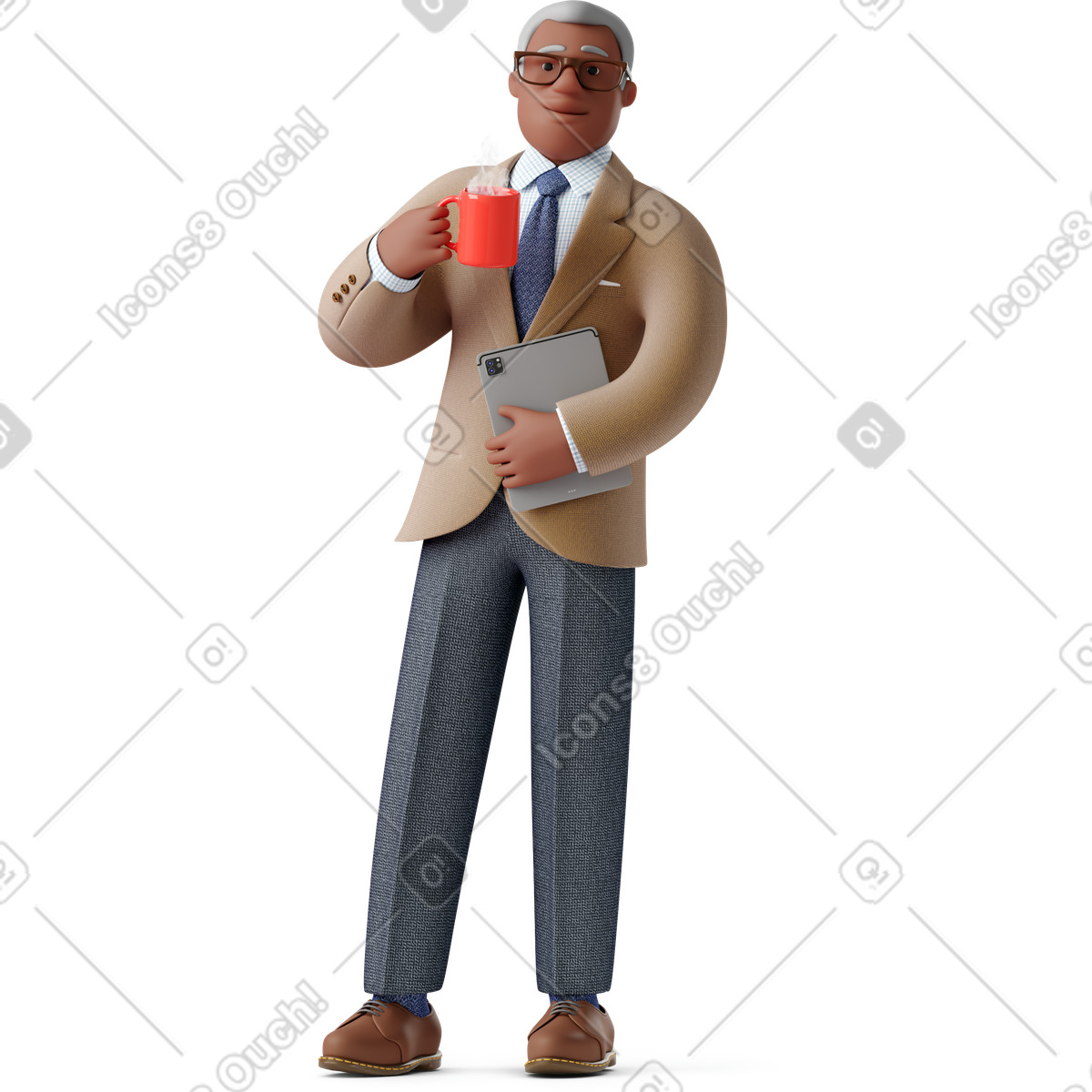 Illustration Vieil homme d'affaires debout avec une tasse de café tenant tablette dans le style 3D Business à télécharger aux formats PNG, SVG