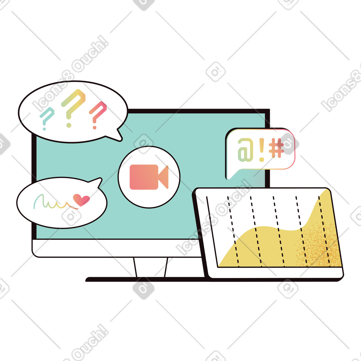 Ilustração de Computer with speech bubbles and data infographic, Online meeting remote collaboration em no estilo Delight para baixar em PNG, SVG