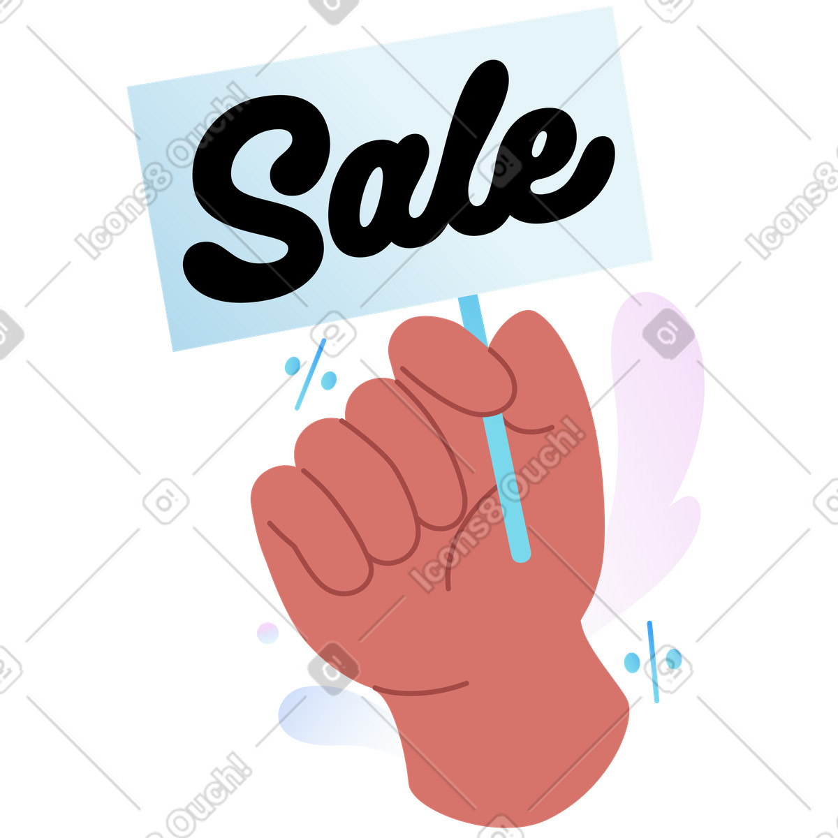 Ilustração de Hand up with sale sign and whimsical clouds, Seasonal shopping campaign em no estilo Airy para baixar em PNG, SVG
